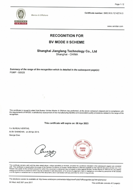 CHINA Jianglang Technology  Co. Ltd. Certificaten